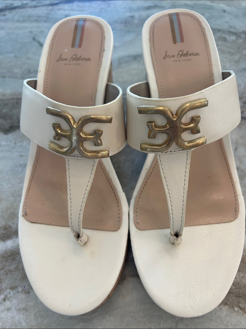 Sam Edelman White Leather Thong Sandals with Gold-Tone Logo Hardware